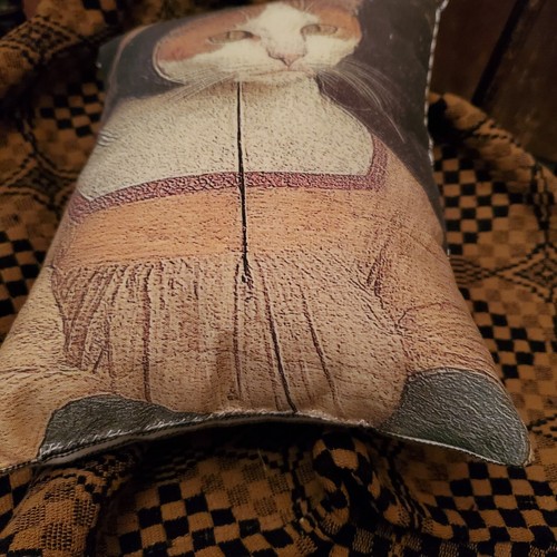 VINTAGE PRIMITIVE FOLK COLONIAL REPRODUCTION ANTIQUE PORTRAIT CAT PILLOW NO. 4 - Picture 6 of 11