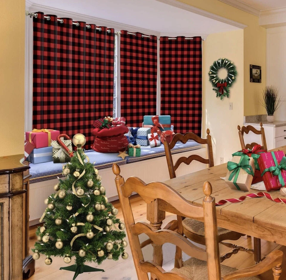 Juego de 2 paneles a cuadros rojo y negro cortina de ventana Buffalo 52 x 52 pulgadas x 2 Foto 2 de 4