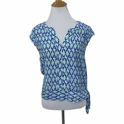 Vineyard Vines Blouse Womens 0 Blue Geo Split Neck Side Tie Cap Sleeves Top
