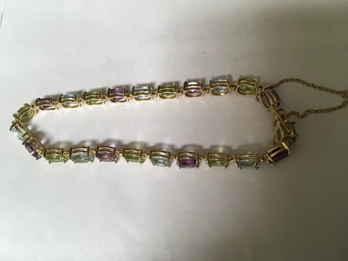 14k YELLOW GOLD TOPAZ AMETHYST PERIDOT TENNIS BRACELET 8” LONG 12.8g . VINTAGE - Picture 5 of 8