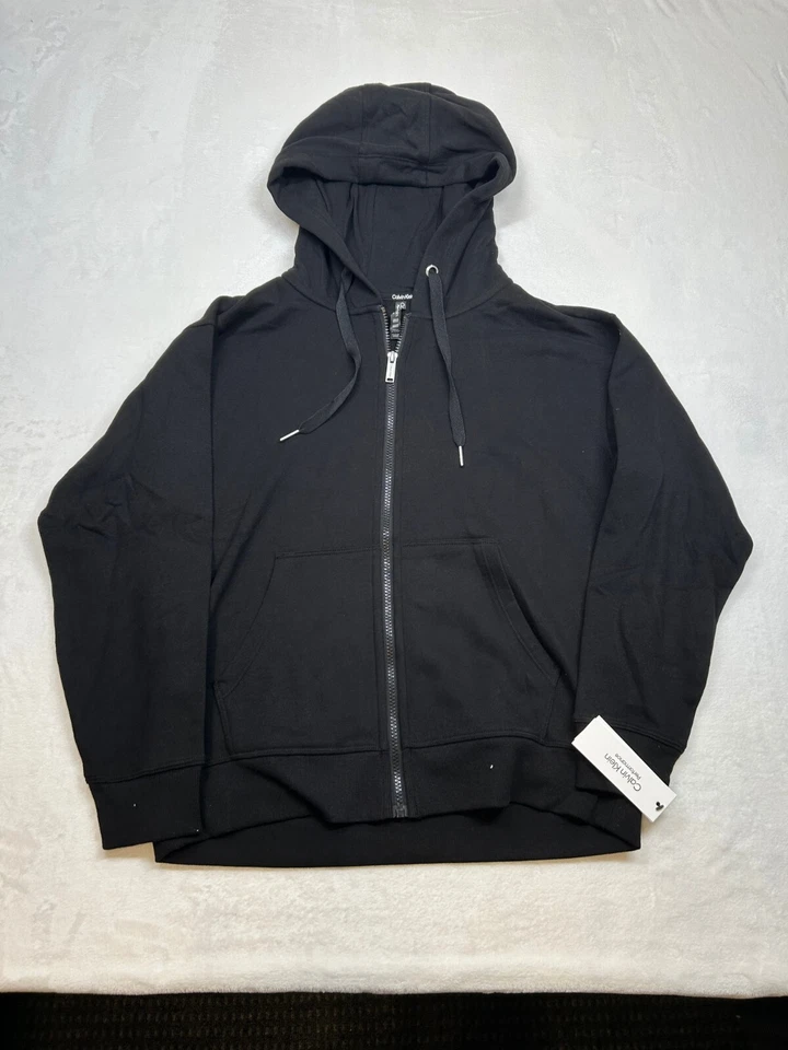 Calvin Klein Performance Fleece Hoodie Womens Small Black Logo Stripe Full Zip - Image 2 of 4