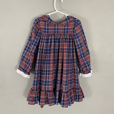 Vintage 80s Bryan Toddler Girl Size 4 Dress Red Navy Plaid Cottagecore Eyelet