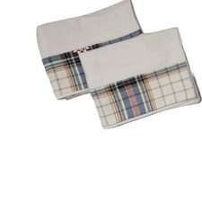 Set Of 2 Creamy White Flannel Pillowcases W Blue, Orange, Tan Flannel Trim. 20