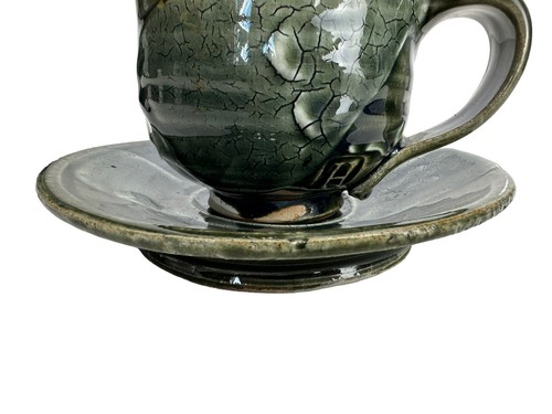 artisan handmade Green pottery cup saucer tea coffee set Studio Art - Picture 3 of 13
