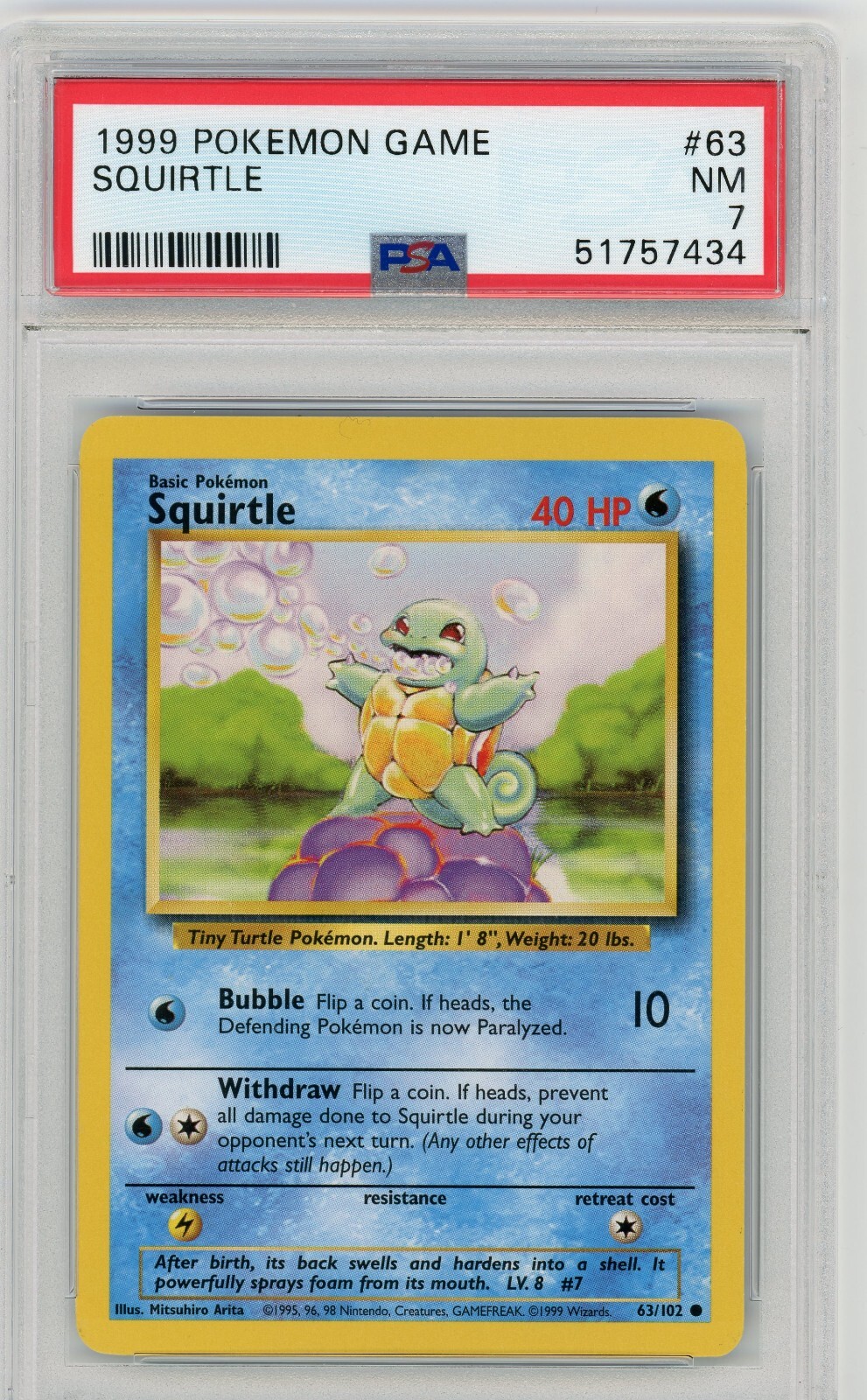 Pokemon 1999 Base set Squirtle #63 PSA 7 NM 51757434