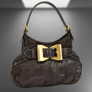 Authentique sac à main Gucci sac à bandoulière Queen Hobo 189885 cuir marron foncé ruban