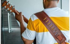 Leather Guitar Strap Handmade Vintage Looks Adjustable 4" Wide Padded Bass Brown