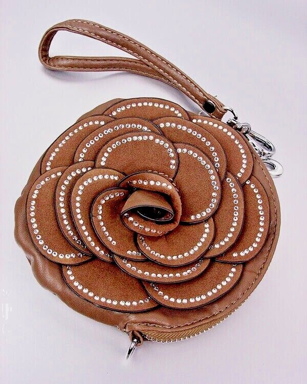 NEW Stylish Brown Crystals Encrusted Flower Round Pouch  display picture 1