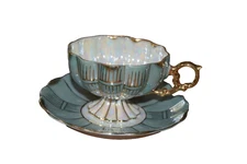 Vintage Royal Sealy China Cup and Saucer Mint green Iridescent and Gold Trim