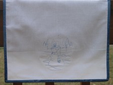 Handcrafted Embroidered Kitchen Towel - WINTER SNOWMAN TREES MOON BLUE