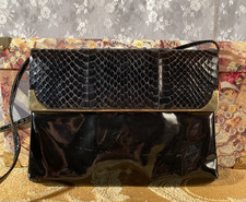 Vintage 80s Black Snake Skin Purse 1980s Retro Goth Glam Patent Shoulder Bag