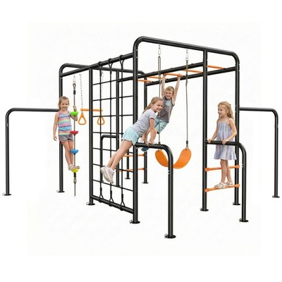 Metal Swing Set Gymnastics Bars Climbing Net Heavy Duty Outdoor Playground Set