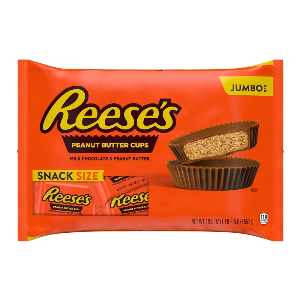 Tazas de mantequilla de maní tamaño bocadillo chocolate con leche REESE'S, bolsa Jumbo de dulces, 19,5 oz Foto 3 de 4