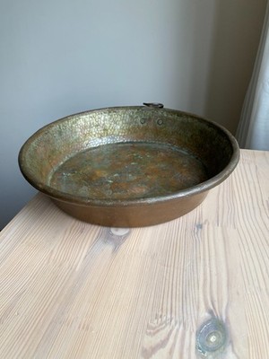 Große antike massive Kupferpfanne Marmeladenschale 33 cm 1,560 kg rustikal Bauernpatina