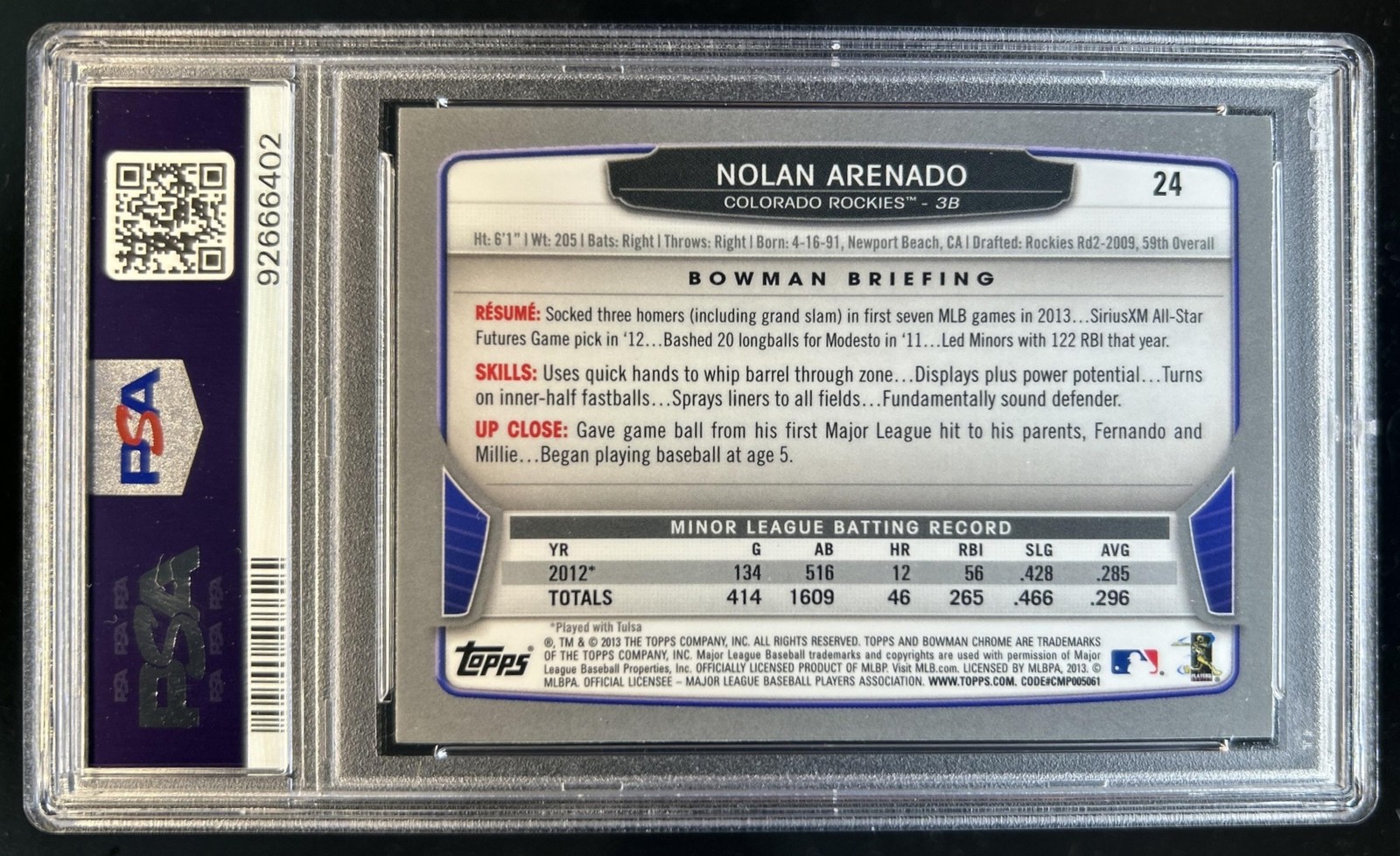 2013 Bowman Chrome Nolan Arenado Rookie RC #24 Rockies PSA 10 GEM MINT view 2