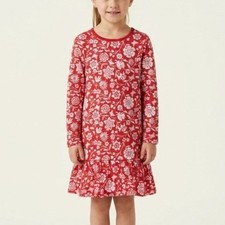 Tea Collection Girls Size 7 Red White Floral Print Long Sleeve Ruffle Hem Dress