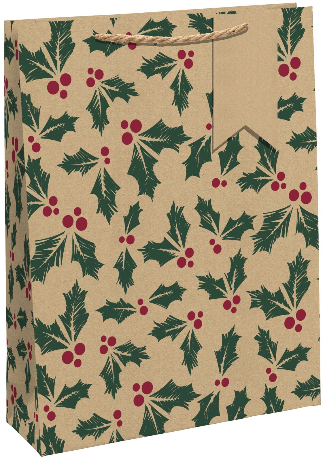 Christmas Holly Craft Medium Gift Bag - 100% Recyclable - Eurowrap 21x25x10cm