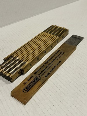Rare Vintage Craftsman 6  Hardened Steel Machinist Ruler & Wooden Folding Rule