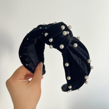 1Pc Navy Balck Twisted Faux Pearl Beading Women Hair Hoop Wide Velvet Headband H