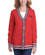 Tommy Hilfiger Contrast Trim Button Front Cable knit Cardigan Womens Large Red