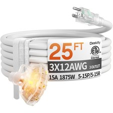 25 ft 12 Gauge Heavy Duty 3 Outlet Extension Cord Splitter with Indicator, Wa...