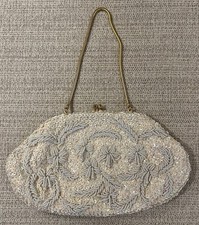 Vtg Ivory Handmade Beaded Sequin Evening Bag Kiss Lock Gold Chain BRITISH HK