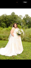 David's Bridal SWG841 Ivory Halter Open Back Lace Floral Ball Gown Train Plus
