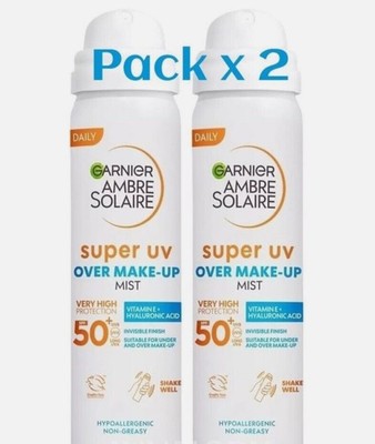 2 x Garnier Ambre Solaire Super UV Over Make-Up Mist SPF 50 Sun Protection 75ml