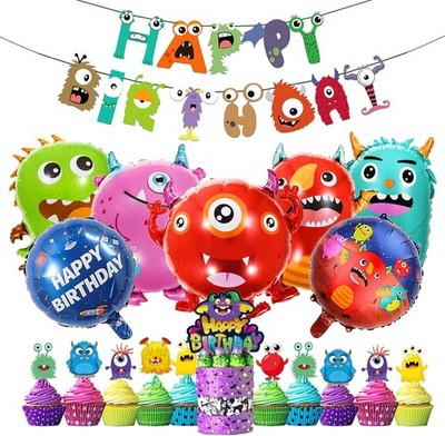 Monster-Party-Dekorationen Set Folienballons & Flaggen Kindergeburtstag