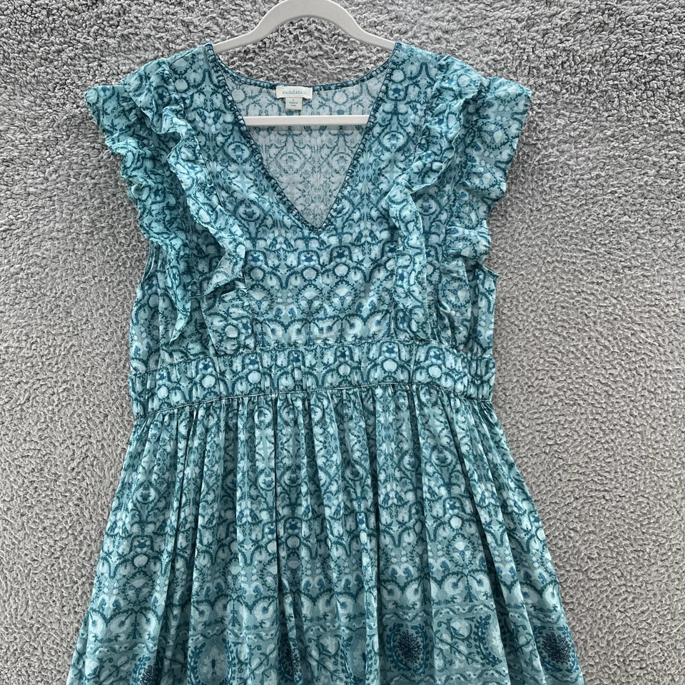 Sundance Dress Large Aqua Blue Print Tiered Ruffle V Neck Maxi Pockets Boho - Image 3 of 4