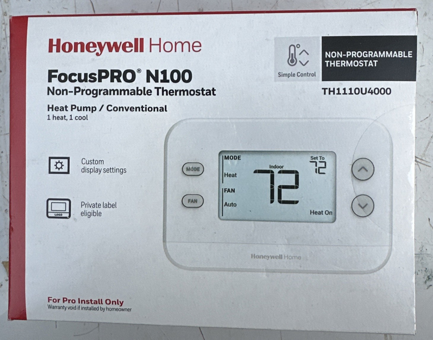 Honeywell Home TH1110U4000 FocusPRO N100 1H/1C Non-Programma