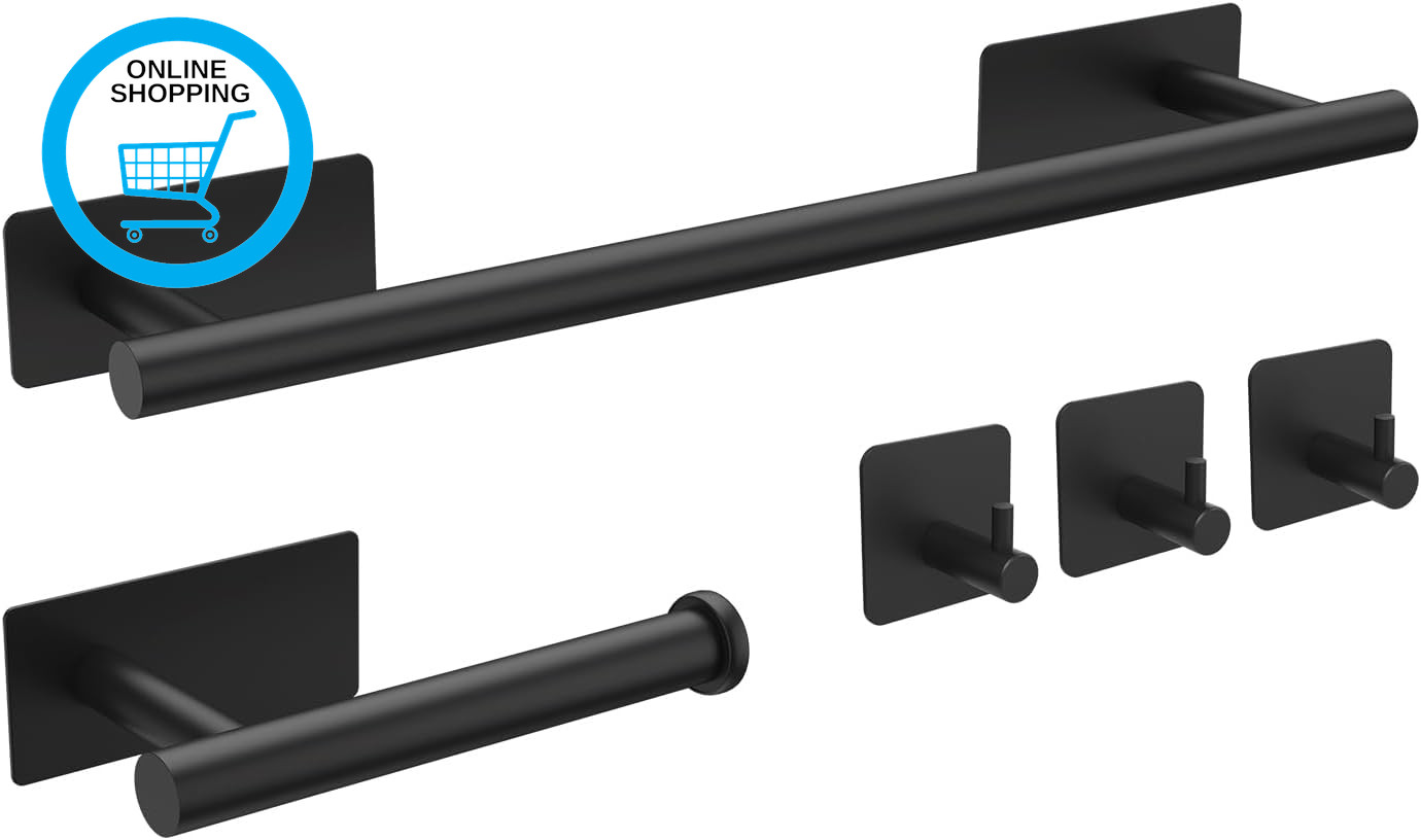 5Pcs Bathroom Accessories Set, Black Toilet Roll Holder, Towel Rail, Hook, Wall