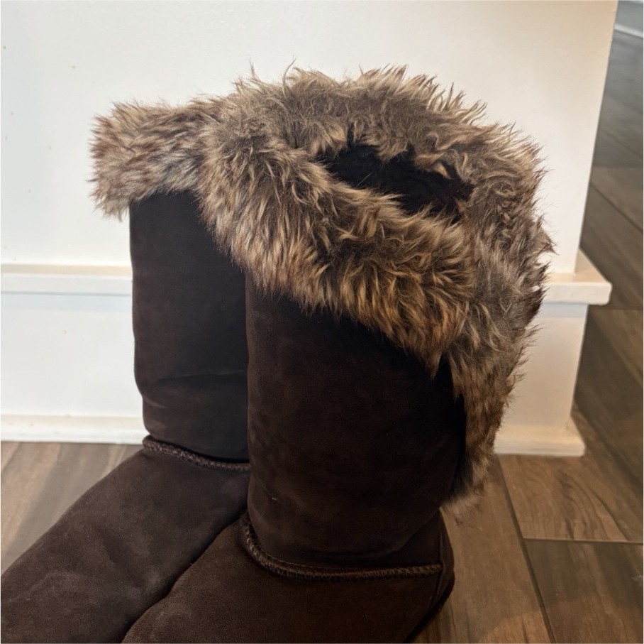 BEARPAW Emma Brown Suede Faux Fur Trim Lined Mid-Calf Pull On Boots US 8