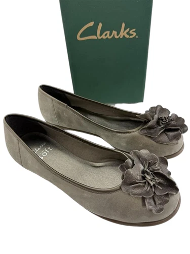 Scarpe Clarks NUOVE Book End Peltro Grigio Pelle Floreale Donna 7 Balletto Piatte Comfort