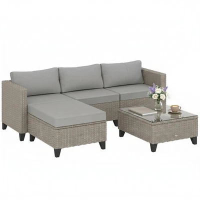 Outsunny 5 PCs Rattan Garden Furniture Set with Glass Coffee Table, Brown - Image 1 of 4