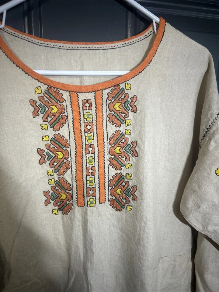 Maxi Vestido Vintage Étnico Boho Tribal Caftán Adornado Hecho a Mano Naranja y Verde Foto 2 de 4