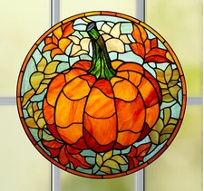 Fall Pumpkin Faux Stained-Glass WINDOW CLING Sun-catcher Size 8" Round Vinyl