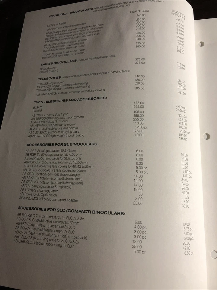 Hoja de precios de distribuidor Swarovski Optiks 1988 armas de fuego Foto 2 de 4