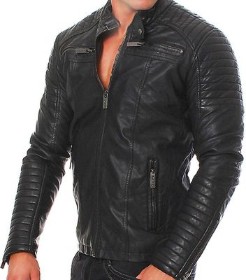 HERREN CLUB SCHWARZ BIKER ECHT LEDER JACKE VINTAGE SLIM FIT RETRO MOTORRAD