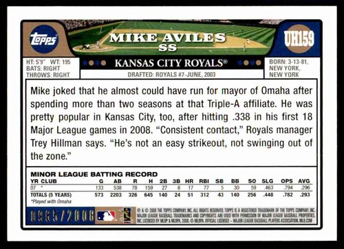 2008 Topps Updates & Highlights Gold Mike Aviles 0965/2008 Kansas City Royals - Picture 2 of 2