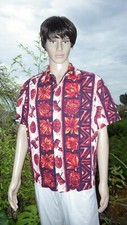 Vintage 1950 era Red Ui-Maikai Hawaii Hawaiian Aloha Shirt Tiki Drums Pineapple