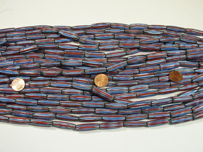 15 Strands 15'' India Handmade Long Oval Blue/Red Chevron Glass Beads Lot (P-4)