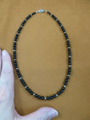 (v305-31) 20" long black Onyx gemstone + silver alloy beaded Necklace JEWELRY - Picture 2 of 2