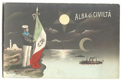 RPPC Postcard Alba di Civilta Man Holding Flag  Ocean Liner Ships