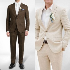 Linen Men Suits Single Breasted Wedding Prom Tuxedos Regular Fit Notch Lapel