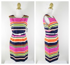 Tahari Womens Pink Orange Navy Striped Belted Sheath Dress Size 8 NWT