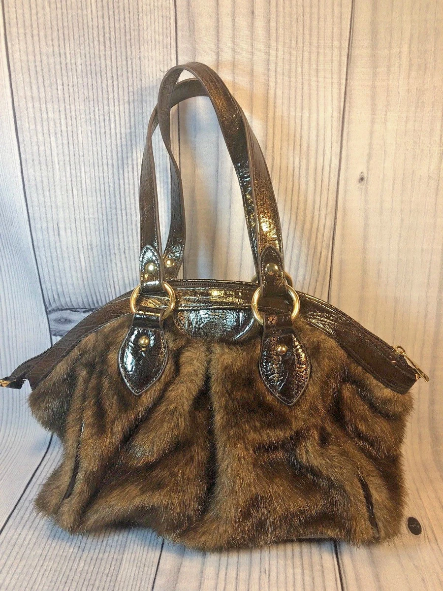 TIANNI Faux Mink Fur Handbag Purse Vegan Friendly Arm Bag Brown Vinyl VGUC