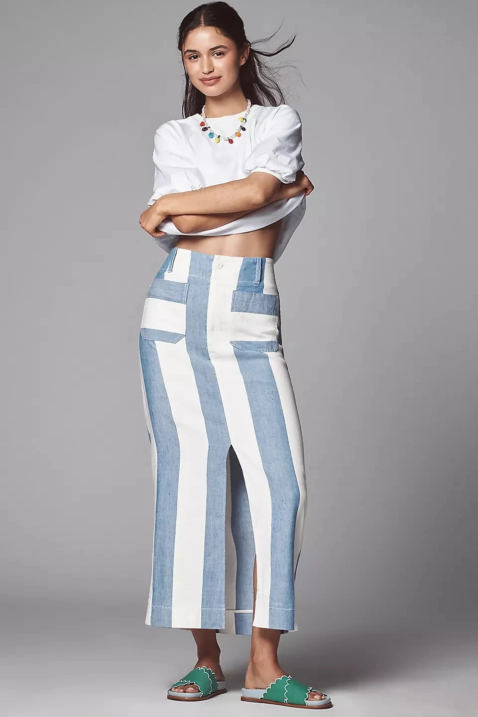 Anthropologie Colette Linen Maxi Skirt Stripes Patch Pockets Blue Slit Sz S NEW
