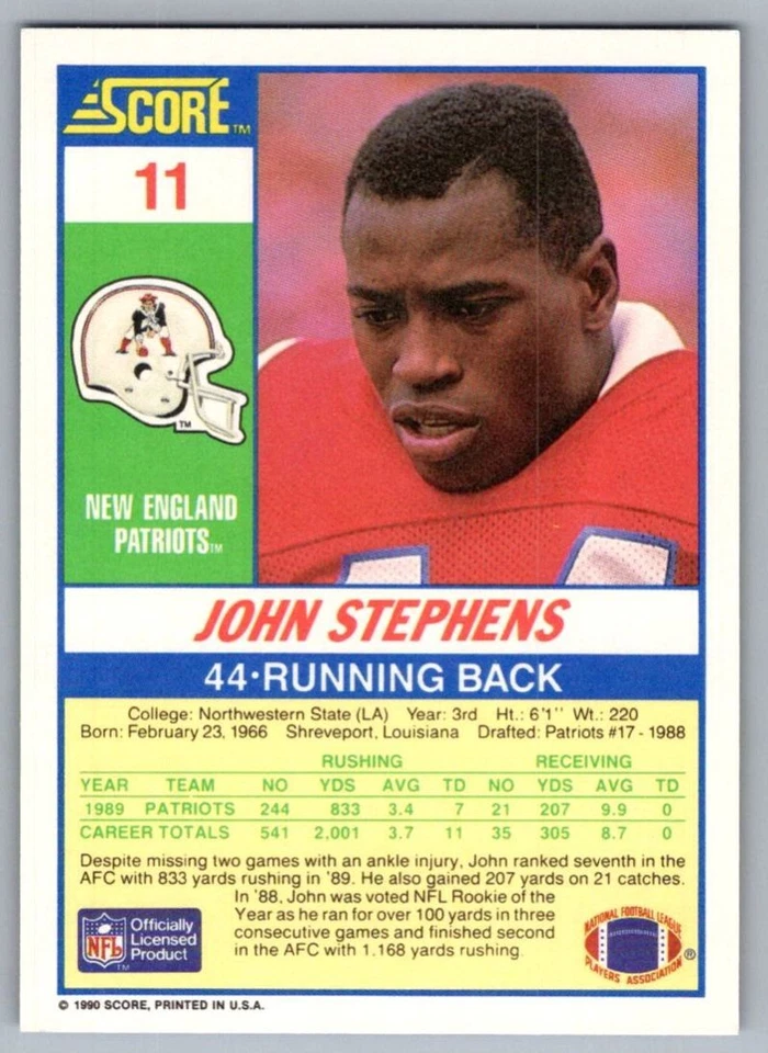 1990 Score John Stephens New England Patriots #11 - Image 2 of 2