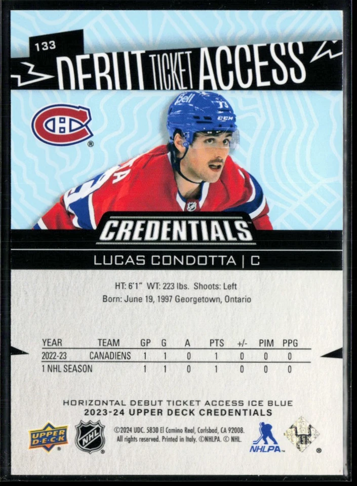2023-24 Upper Deck Credentials Horizontal #133 Lucas Condotta RC 779/799 - Image 2 of 2